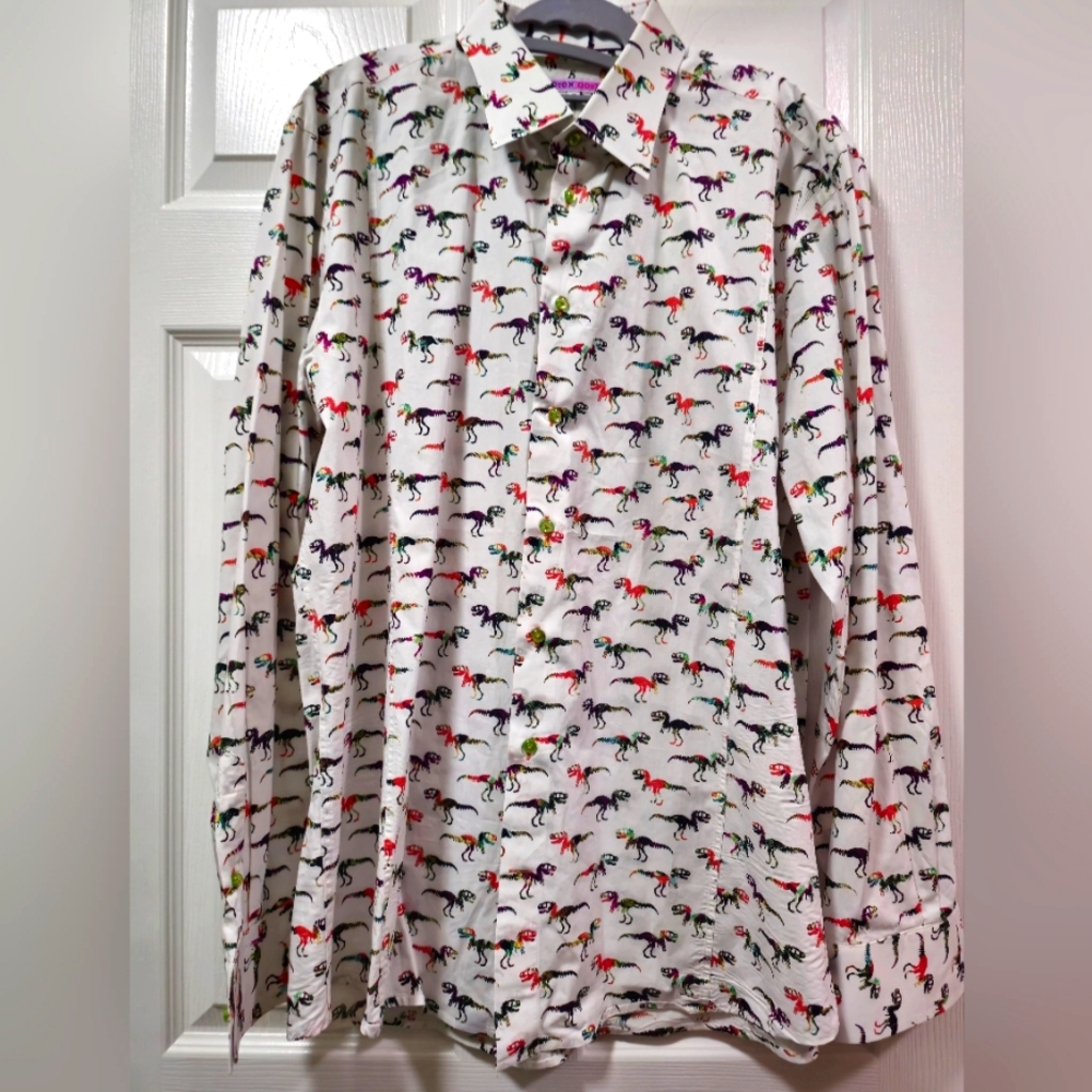 Coton Doux Button Up Shirt 44 / 17.5 Colorful Dinosaur T-Rex Print